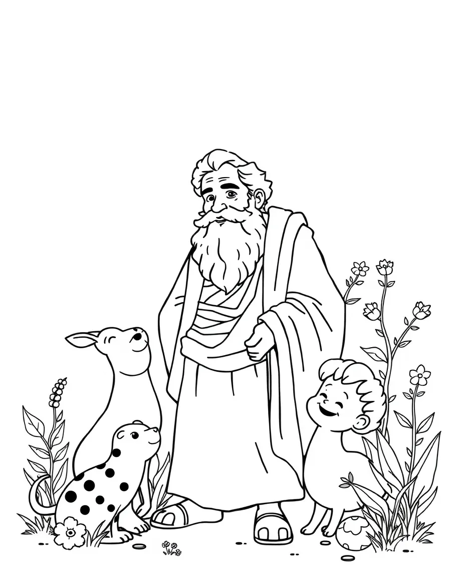 A playful scene showing Plato in a historical outfit with animals, plants, or kids nearby.