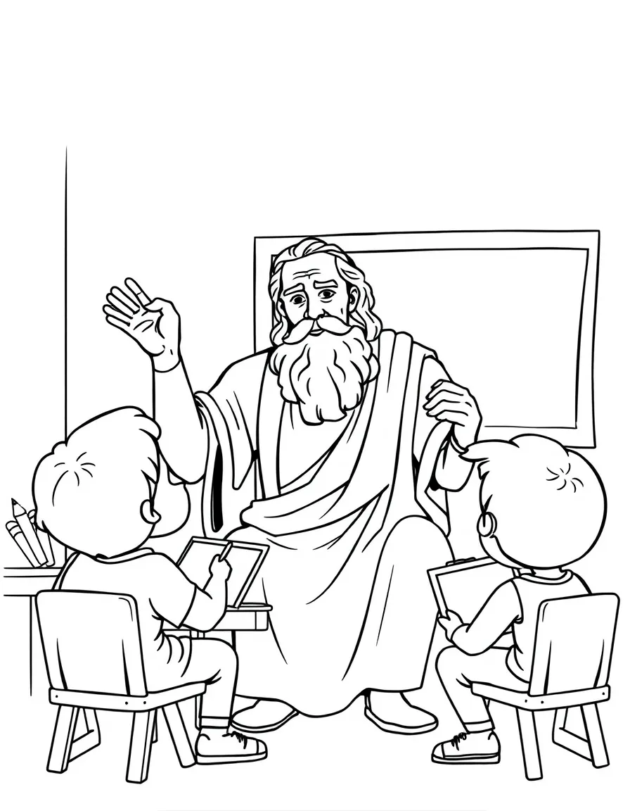 Socrates teaching children, with educational items like chalkboards and pencils, in a friendly classroom scene.