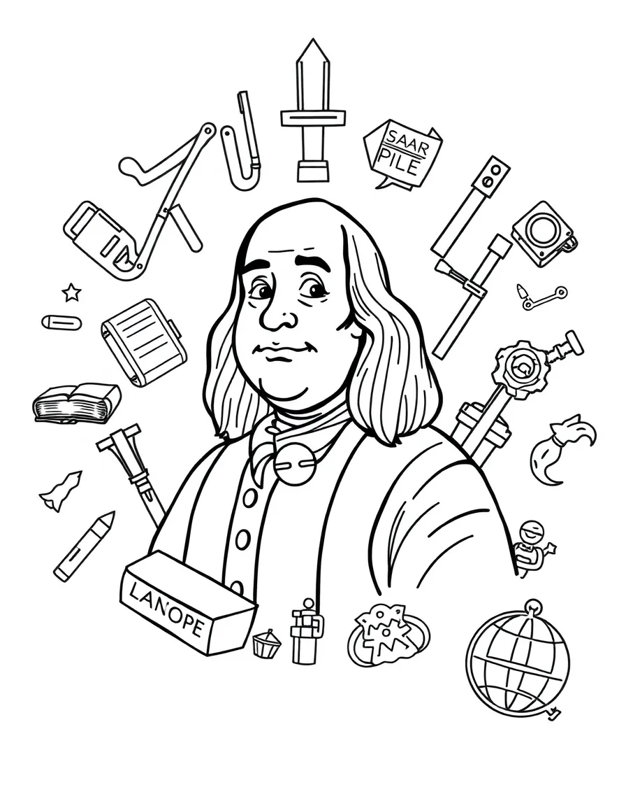 A cartoon-style drawing of Benjamin Franklin surrounded by symbols of their achievements, like books, tools, or globes.