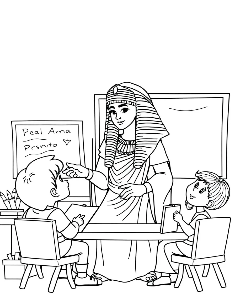 Cleopatra teaching children, with educational items like chalkboards and pencils, in a friendly classroom scene.