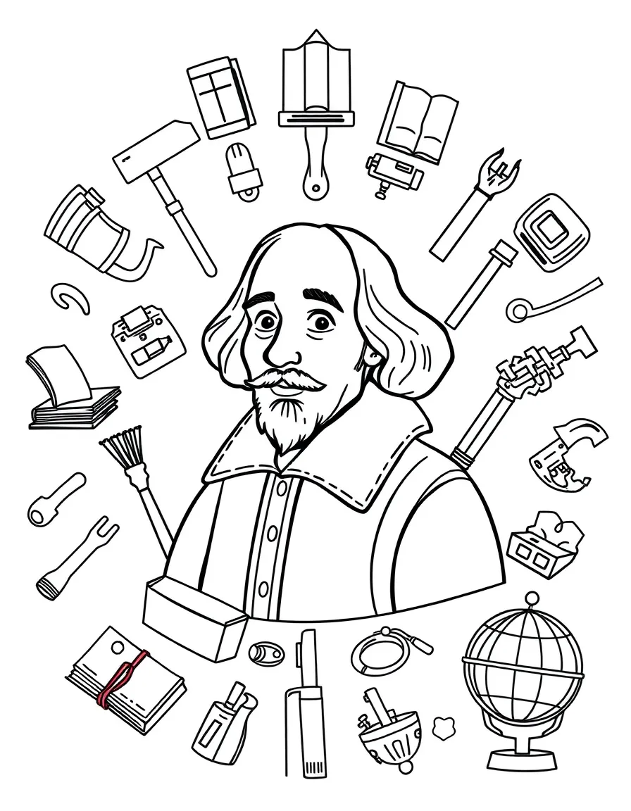 A cartoon-style drawing of William Shakespeare surrounded by symbols of their achievements, like books, tools, or globes.