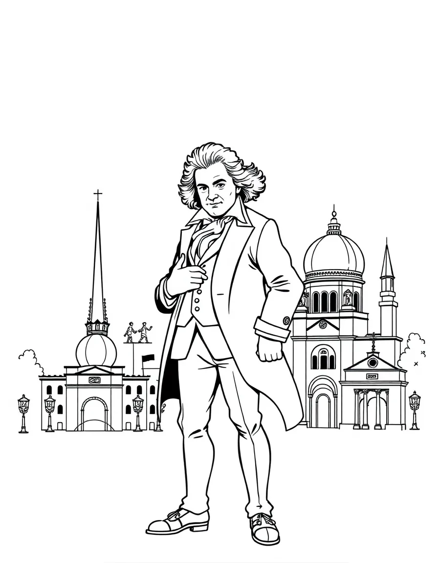 Beethoven standing proudly with historical landmarks in the background, drawn with clear bold lines for coloring.
