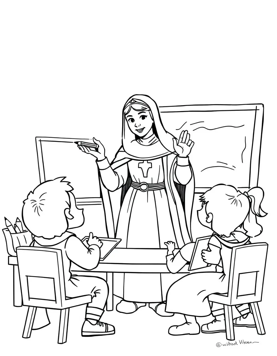 Joan of Arc teaching children, with educational items like chalkboards and pencils, in a friendly classroom scene.