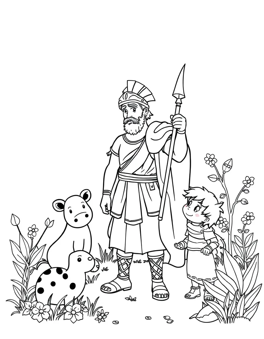 A playful scene showing Alexander the Great in a historical outfit with animals, plants, or kids nearby.