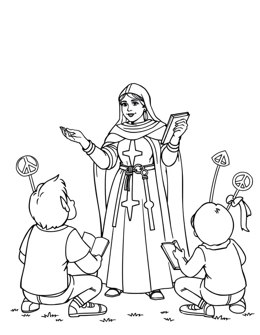 A fun coloring page of Joan of Arc giving a speech to children with books and peace signs around.