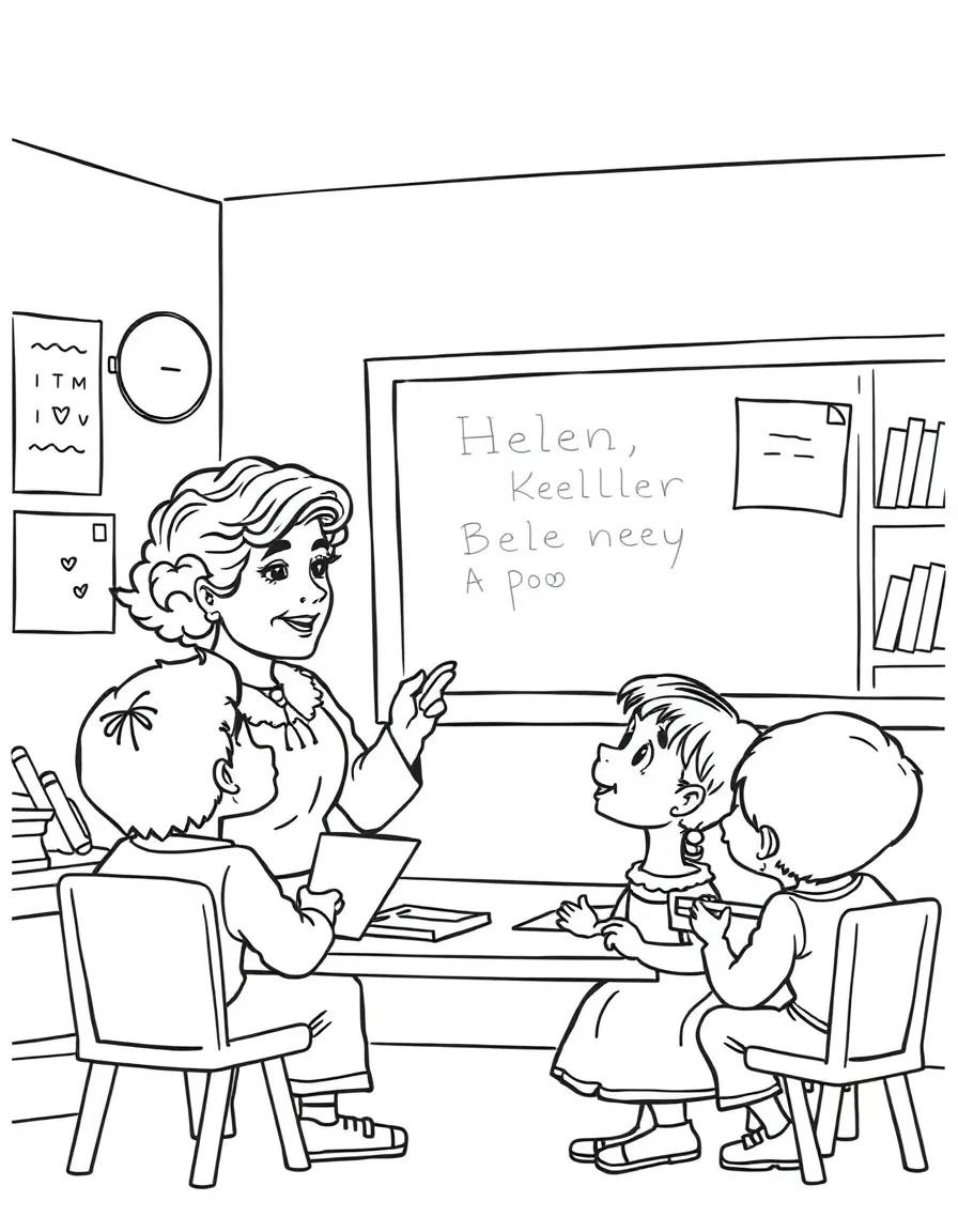 Helen Keller teaching children, with educational items like chalkboards and pencils, in a friendly classroom scene.