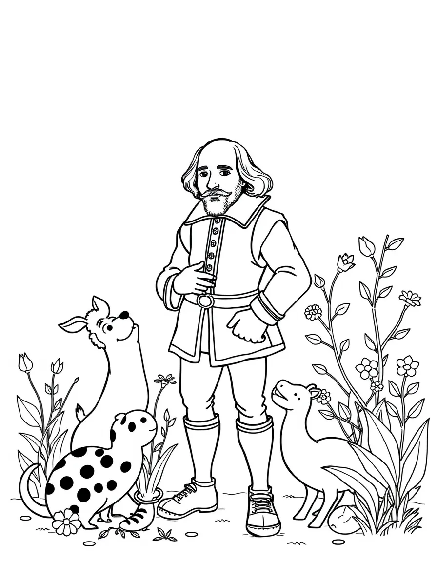 A playful scene showing William Shakespeare in a historical outfit with animals, plants, or kids nearby.