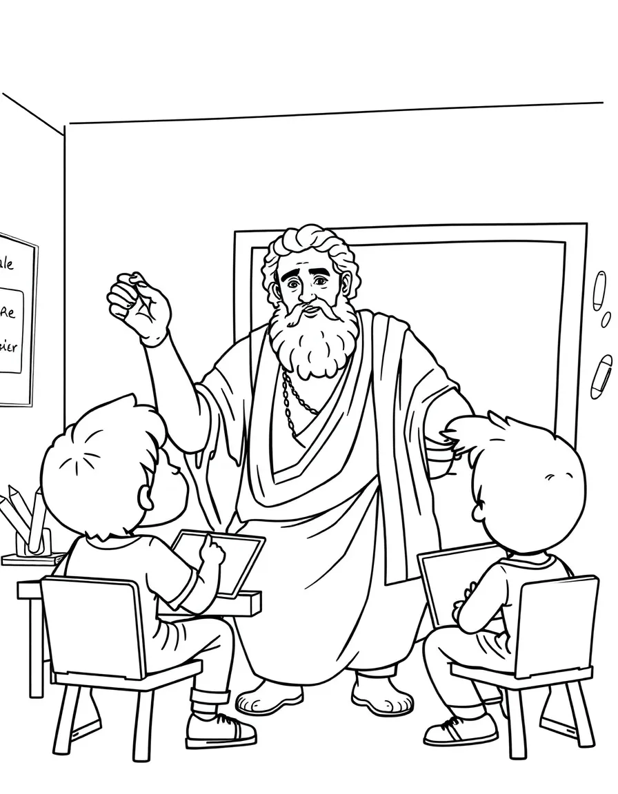 Aristotle teaching children, with educational items like chalkboards and pencils, in a friendly classroom scene.
