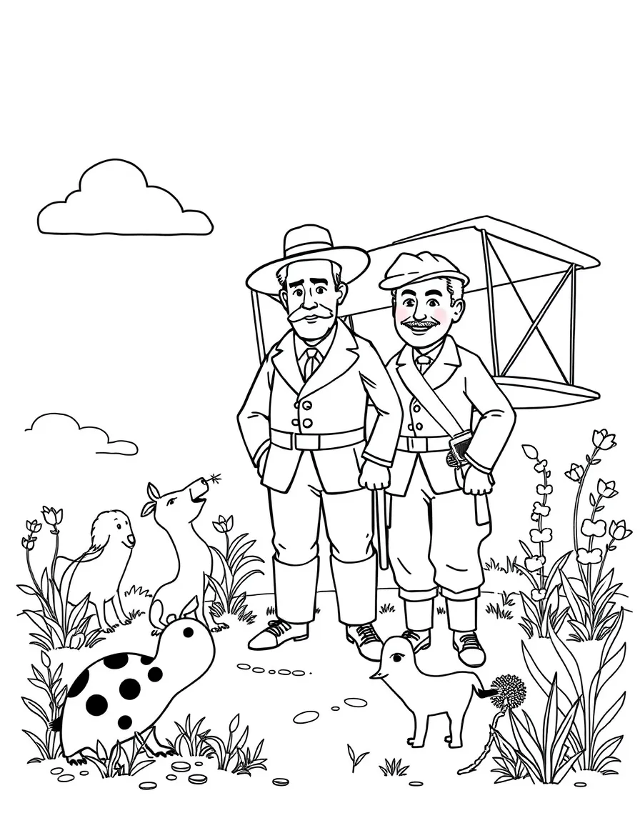 A playful scene showing The Wright Brothers in a historical outfit with animals, plants, or kids nearby.