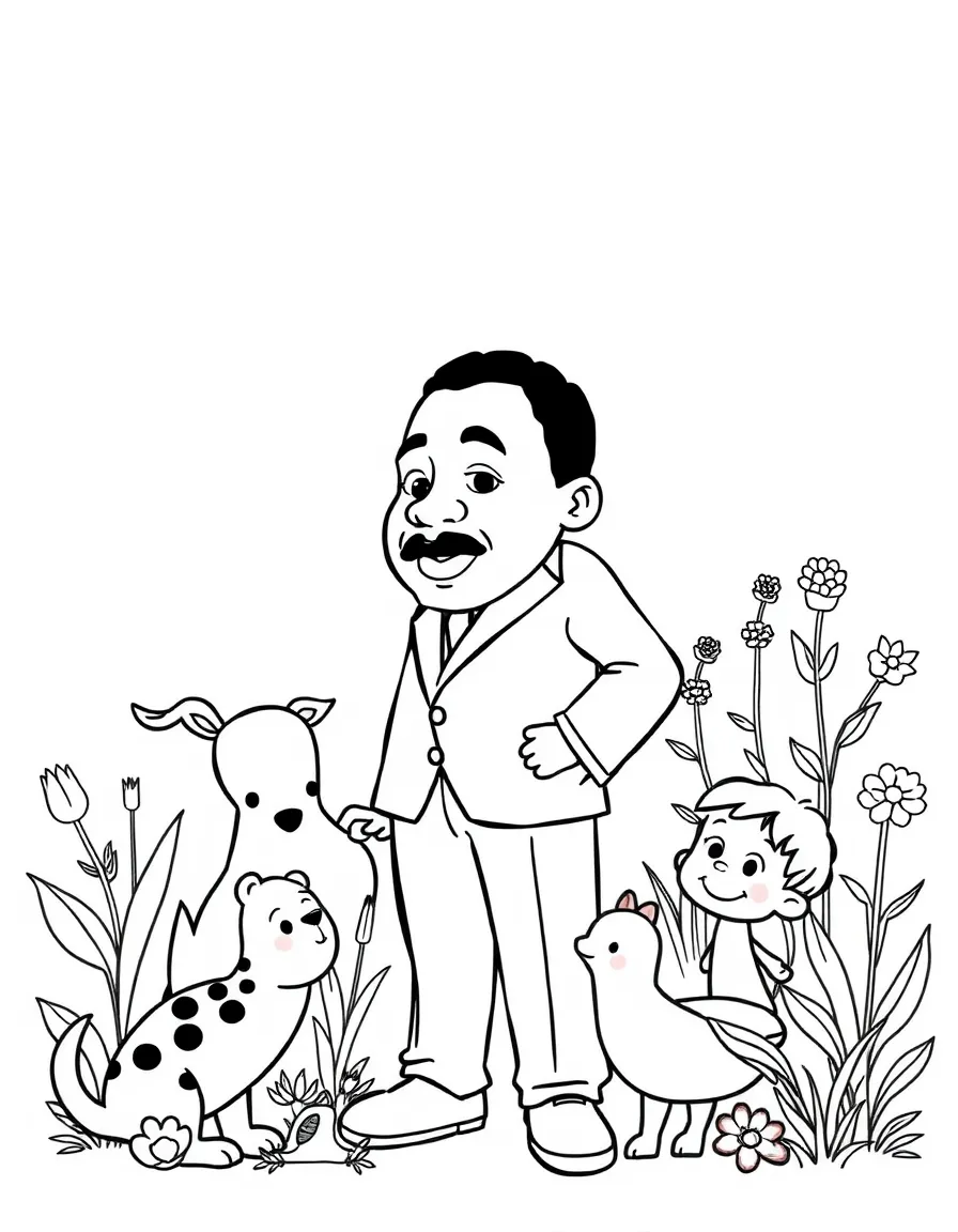 A playful scene showing Martin Luther King Jr. in a historical outfit with animals, plants, or kids nearby.