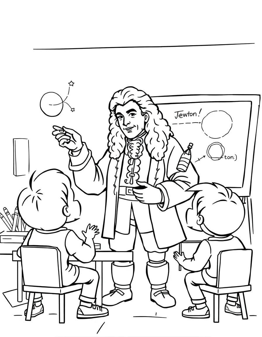 Isaac Newton teaching children, with educational items like chalkboards and pencils, in a friendly classroom scene.
