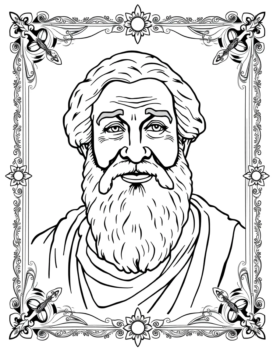 A portrait of Plato with a big smile, framed with decorative borders and symbols of their time period.