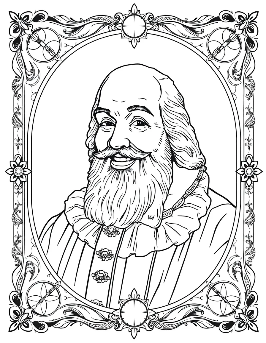 A portrait of Galileo Galilei with a big smile, framed with decorative borders and symbols of their time period.
