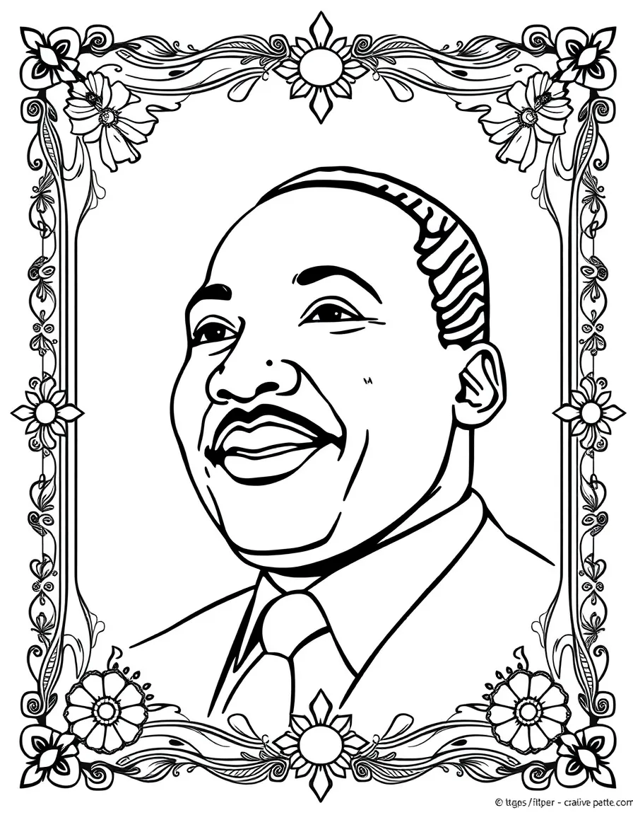 A portrait of Martin Luther King Jr. with a big smile, framed with decorative borders and symbols of their time period.