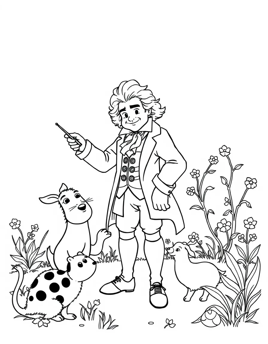 A playful scene showing Beethoven in a historical outfit with animals, plants, or kids nearby.