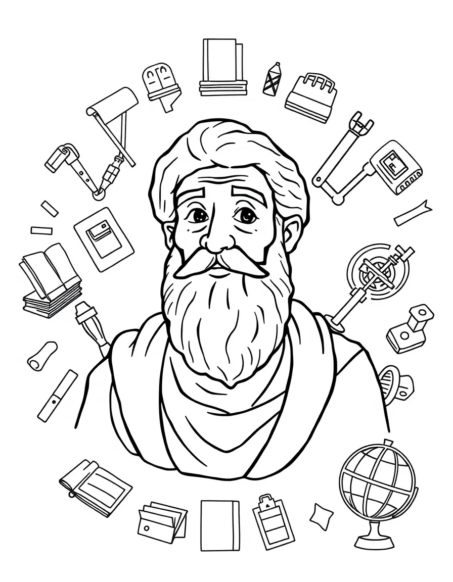 A cartoon-style drawing of Plato surrounded by symbols of their achievements, like books, tools, or globes.
