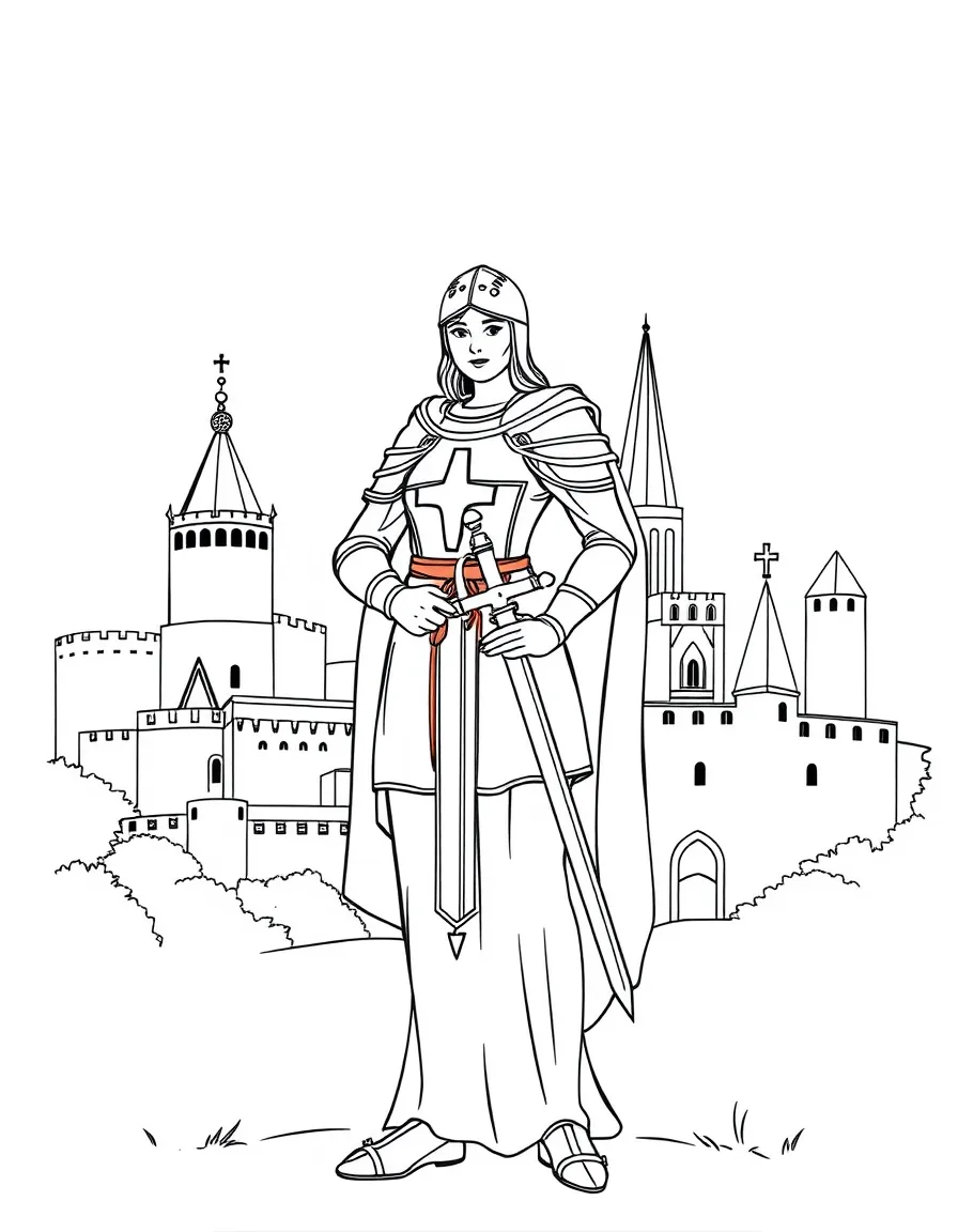 Joan of Arc standing proudly with historical landmarks in the background, drawn with clear bold lines for coloring.