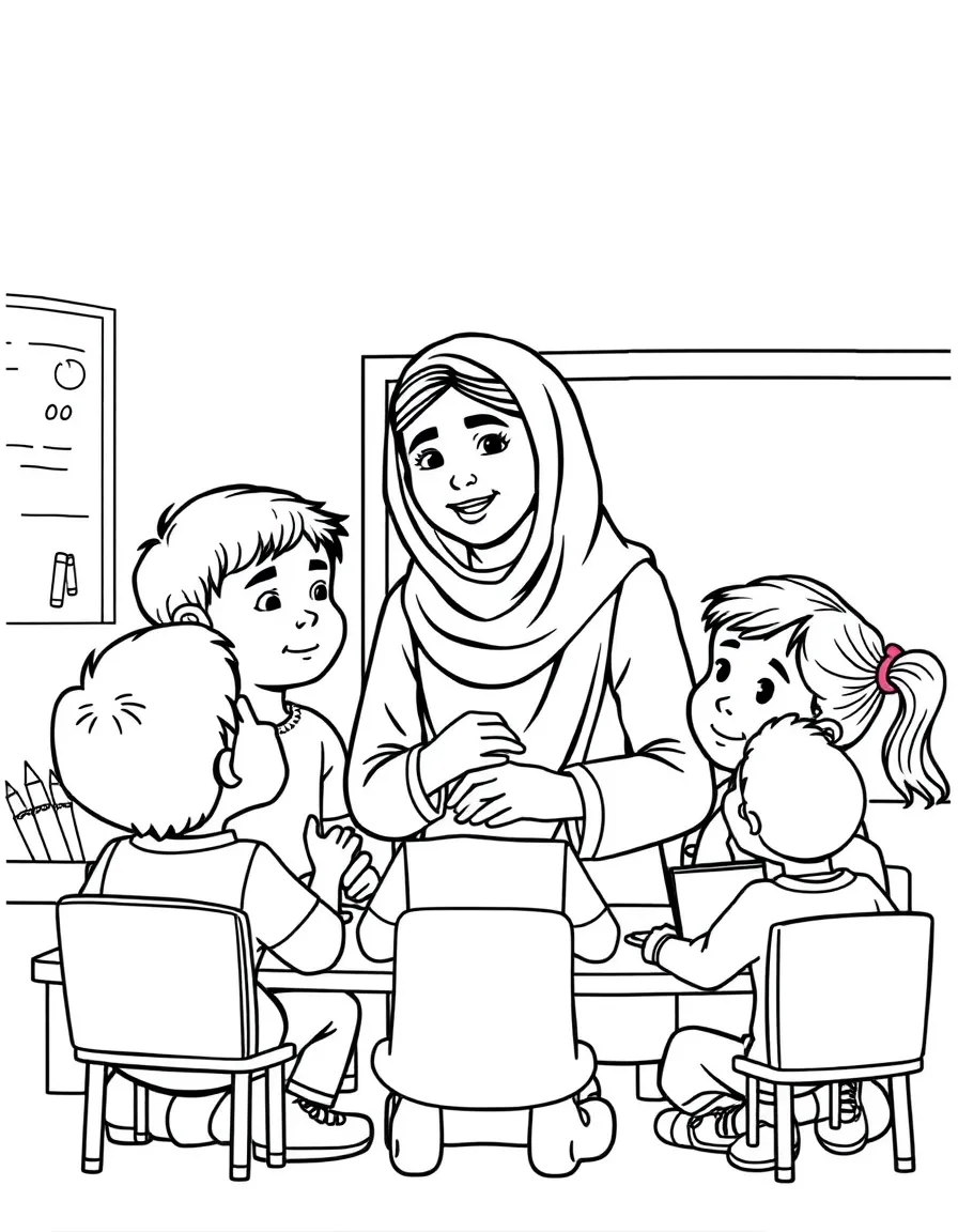 Malala Yousafzai teaching children, with educational items like chalkboards and pencils, in a friendly classroom scene.