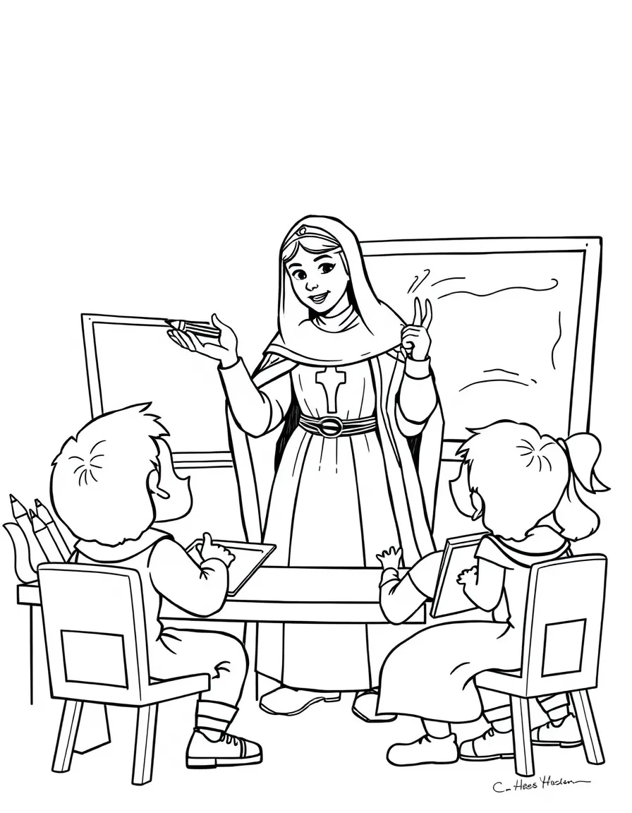 Joan of Arc teaching children, with educational items like chalkboards and pencils, in a friendly classroom scene.