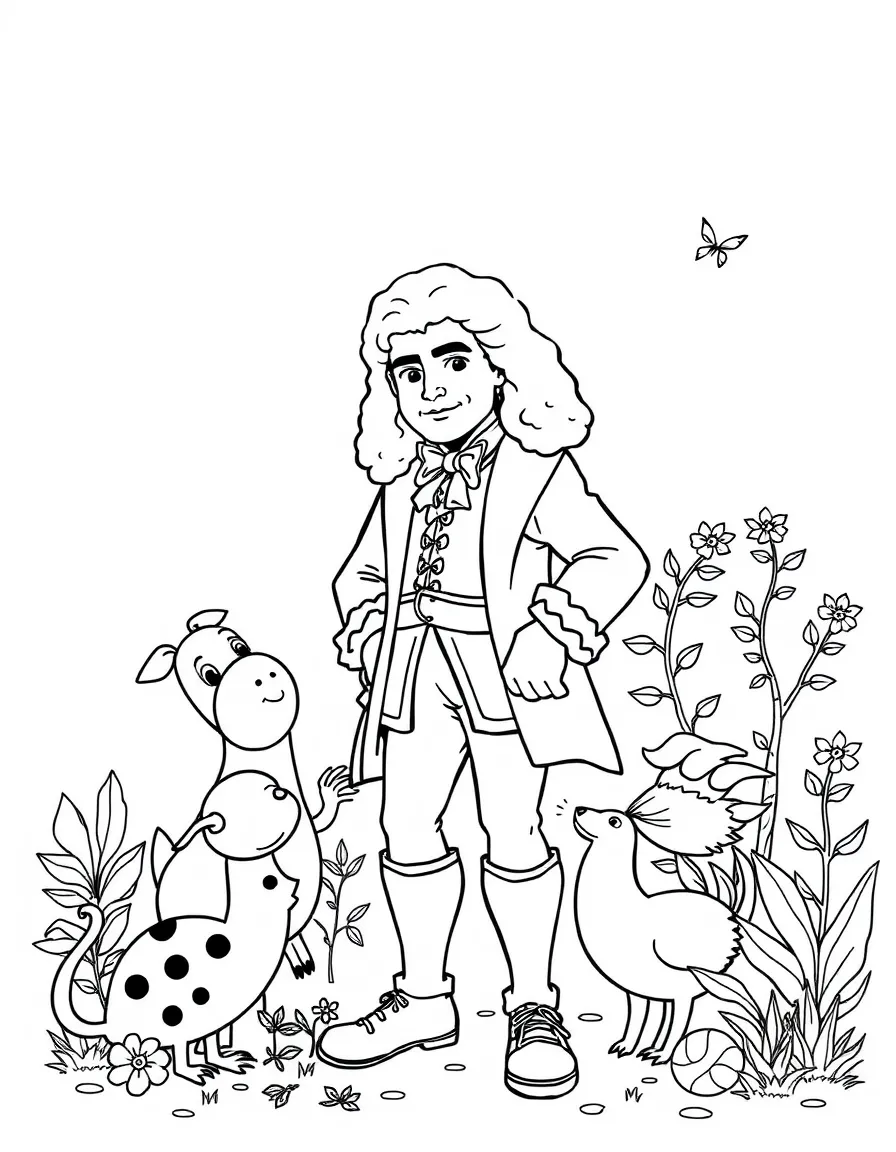 A playful scene showing Isaac Newton in a historical outfit with animals, plants, or kids nearby.
