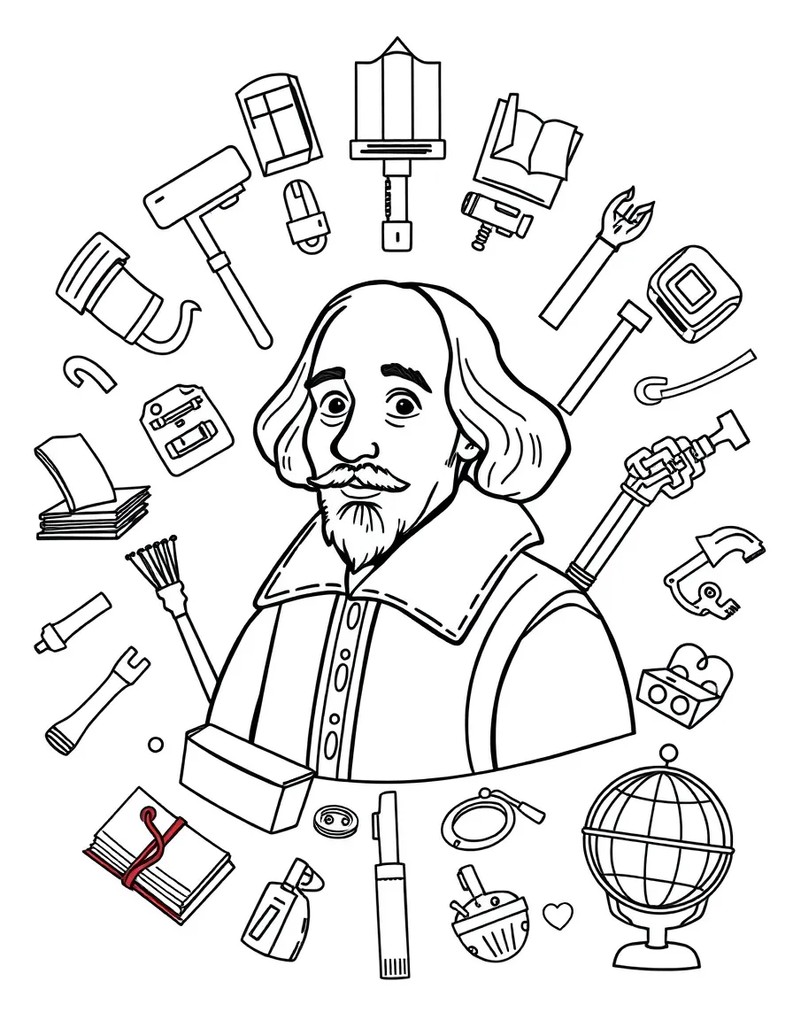A cartoon-style drawing of William Shakespeare surrounded by symbols of their achievements, like books, tools, or globes.