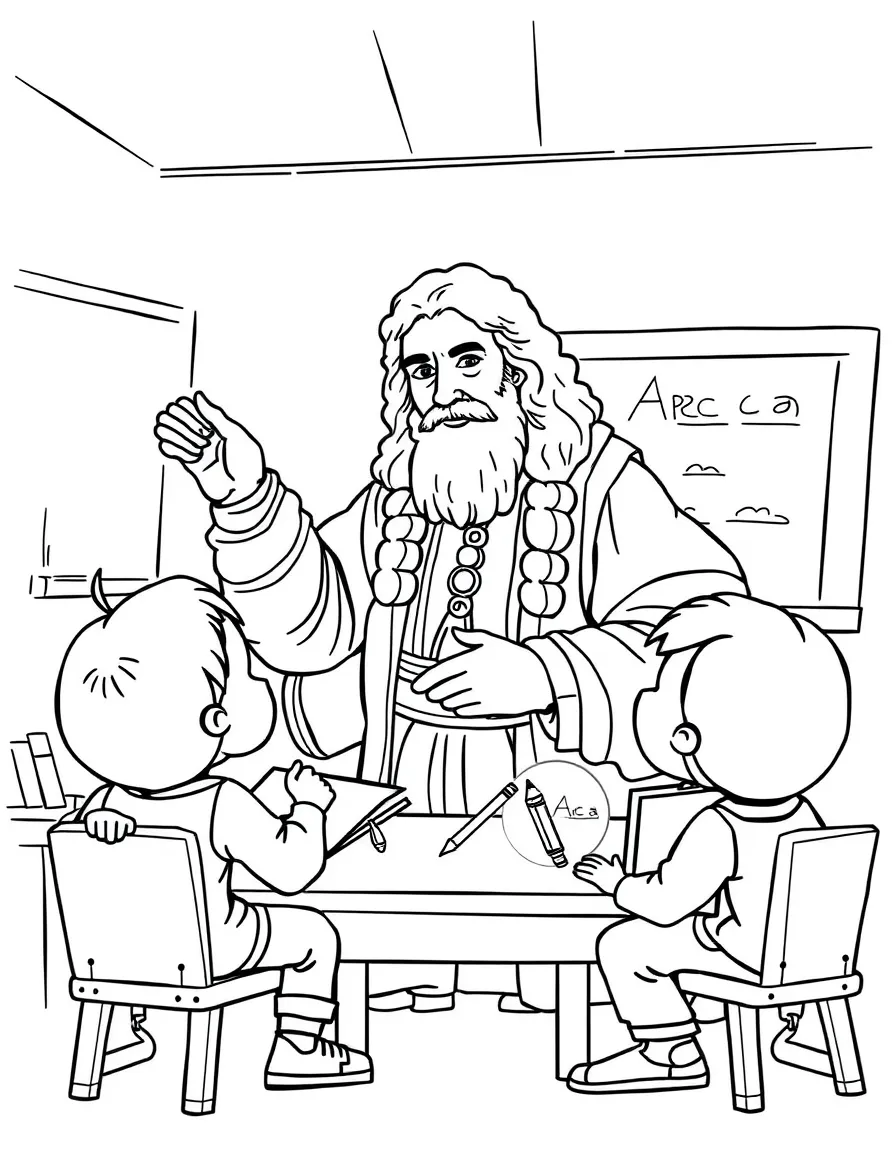 Leonardo da Vinci teaching children, with educational items like chalkboards and pencils, in a friendly classroom scene.