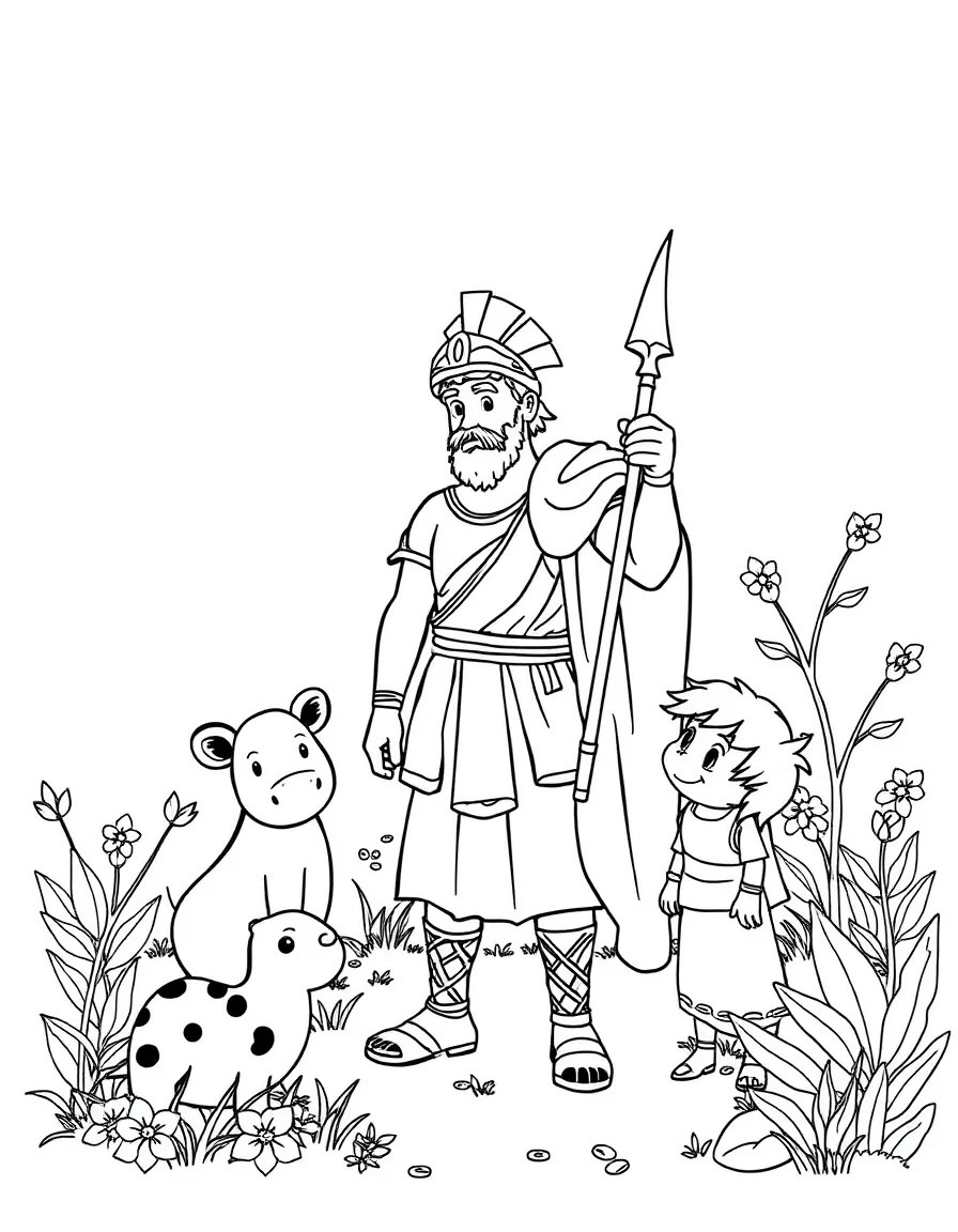A playful scene showing Alexander the Great in a historical outfit with animals, plants, or kids nearby.
