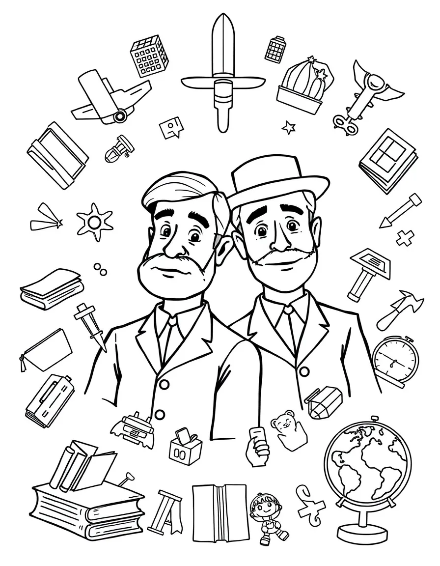 A cartoon-style drawing of The Wright Brothers surrounded by symbols of their achievements, like books, tools, or globes.