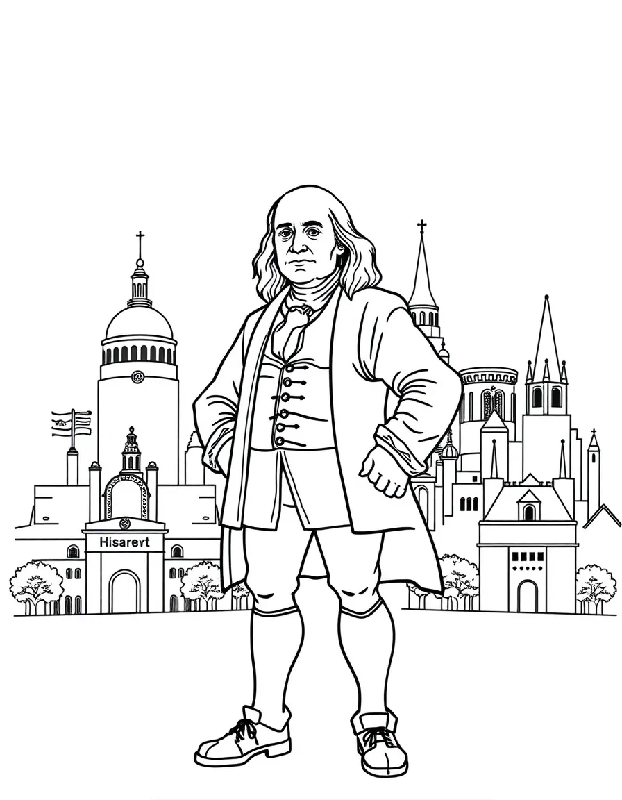 Benjamin Franklin standing proudly with historical landmarks in the background, drawn with clear bold lines for coloring.