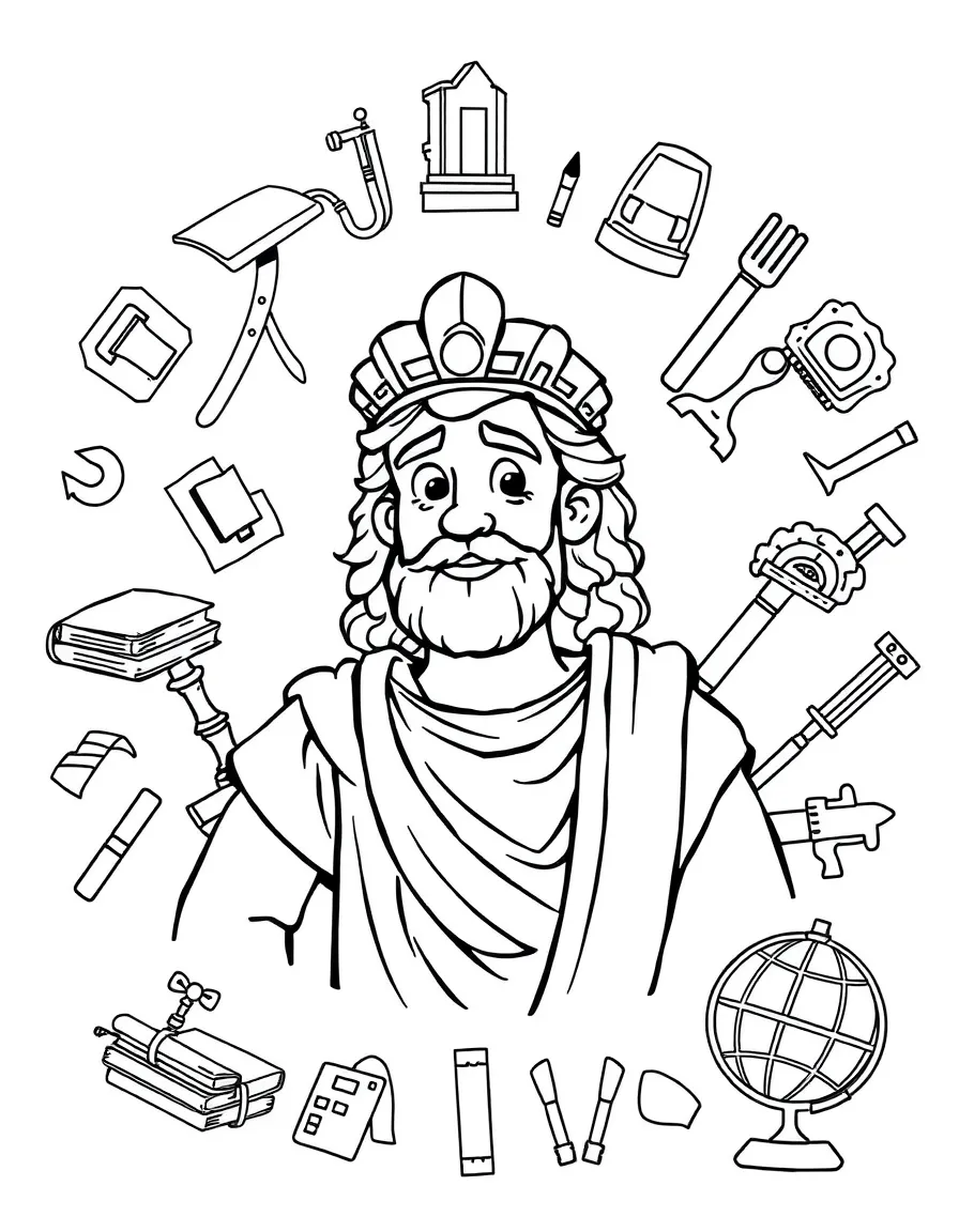 A cartoon-style drawing of Alexander the Great surrounded by symbols of their achievements, like books, tools, or globes.