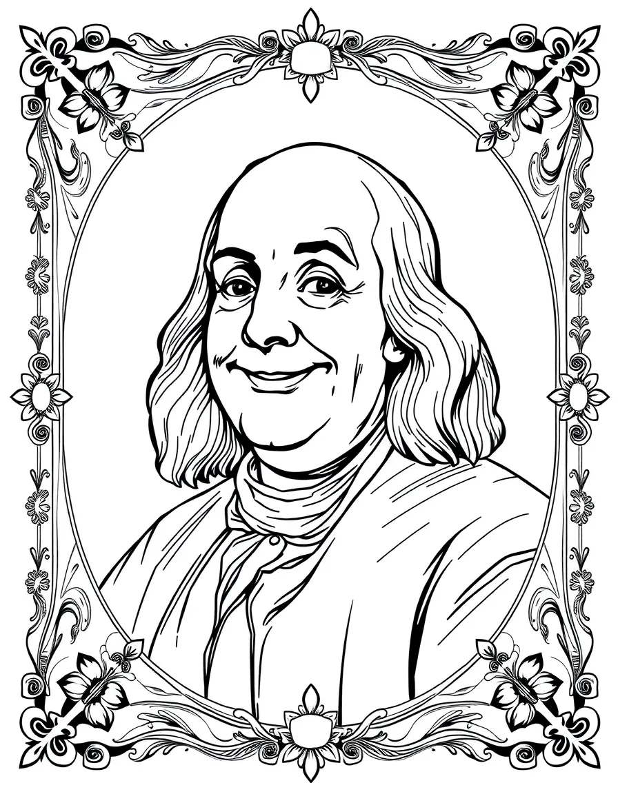 A portrait of Benjamin Franklin with a big smile, framed with decorative borders and symbols of their time period.