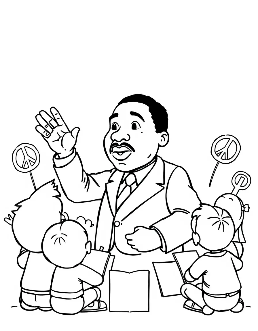 A fun coloring page of Martin Luther King Jr. giving a speech to children with books and peace signs around.