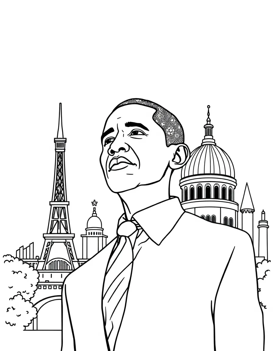 Barack Obama standing proudly with historical landmarks in the background, drawn with clear bold lines for coloring.