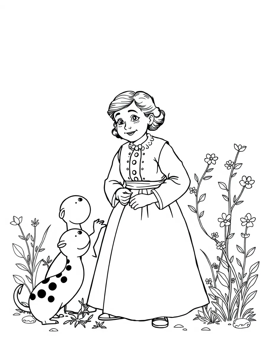 A playful scene showing Helen Keller in a historical outfit with animals, plants, or kids nearby.