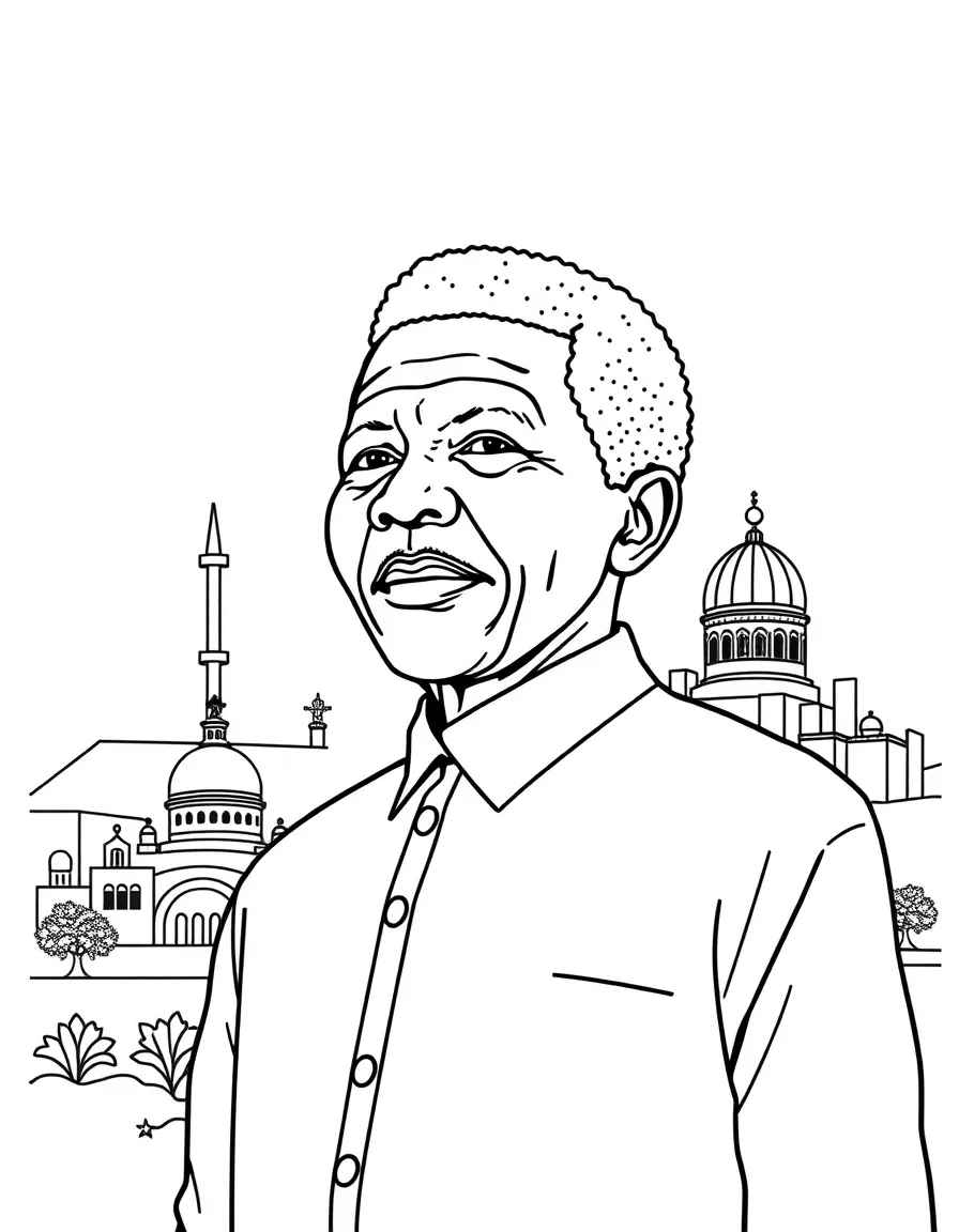 Nelson Mandela standing proudly with historical landmarks in the background, drawn with clear bold lines for coloring.