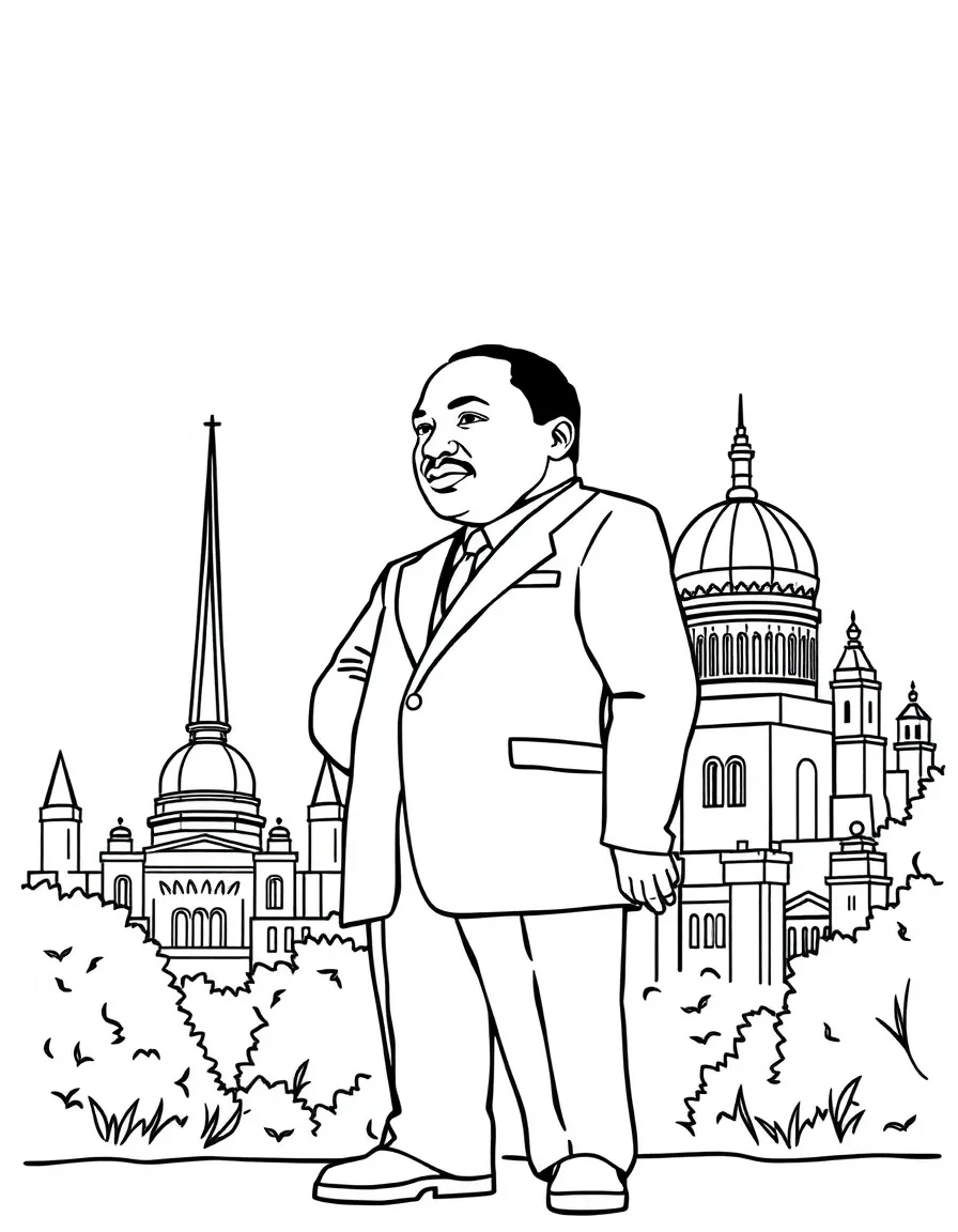 Martin Luther King Jr. standing proudly with historical landmarks in the background, drawn with clear bold lines for coloring.