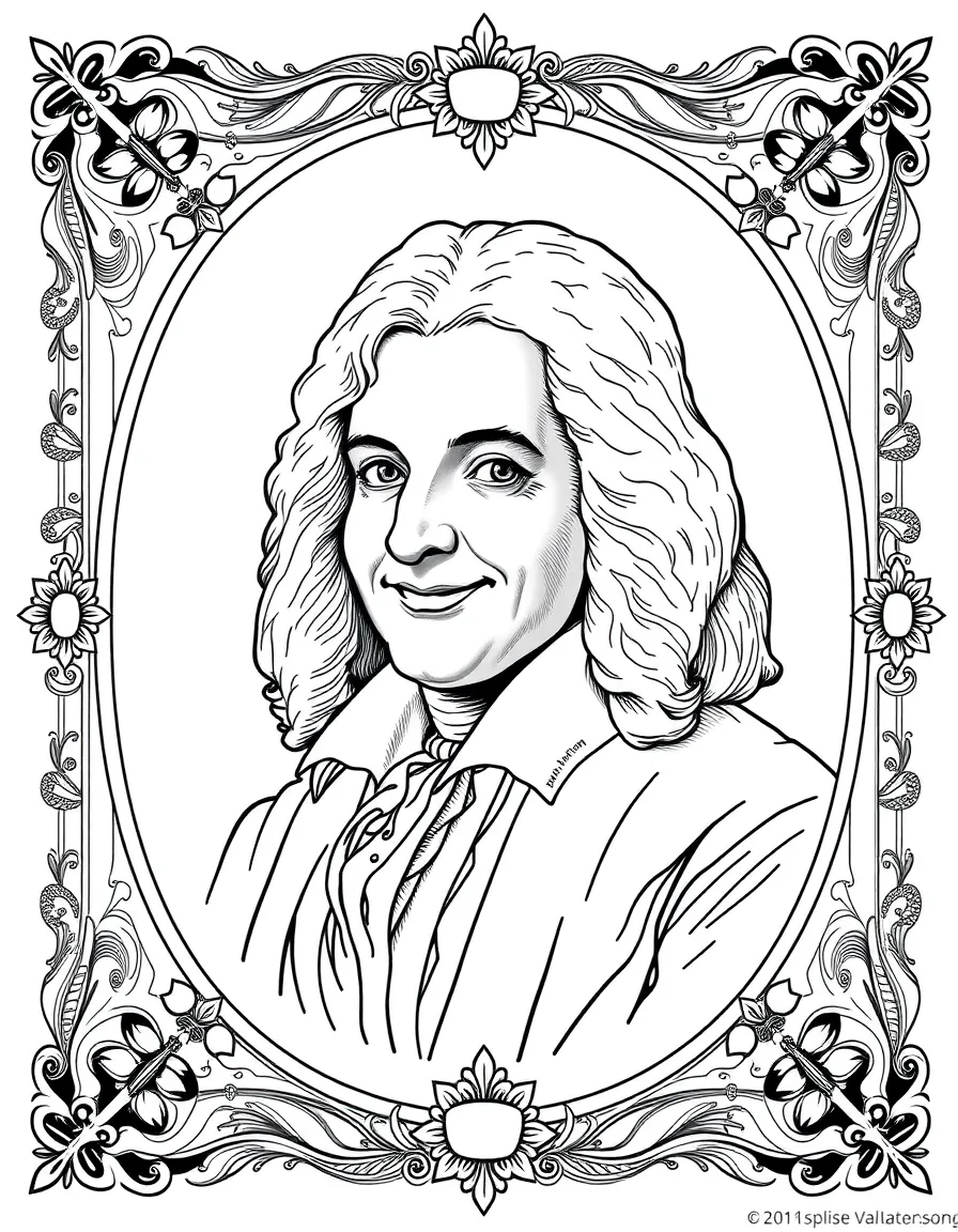 A portrait of Isaac Newton with a big smile, framed with decorative borders and symbols of their time period.