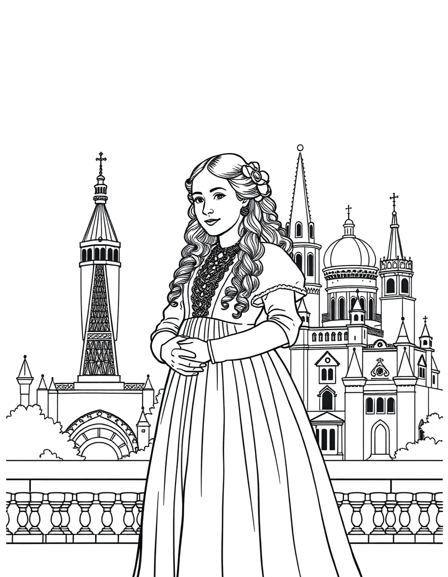 Ada Lovelace standing proudly with historical landmarks in the background, drawn with clear bold lines for coloring.