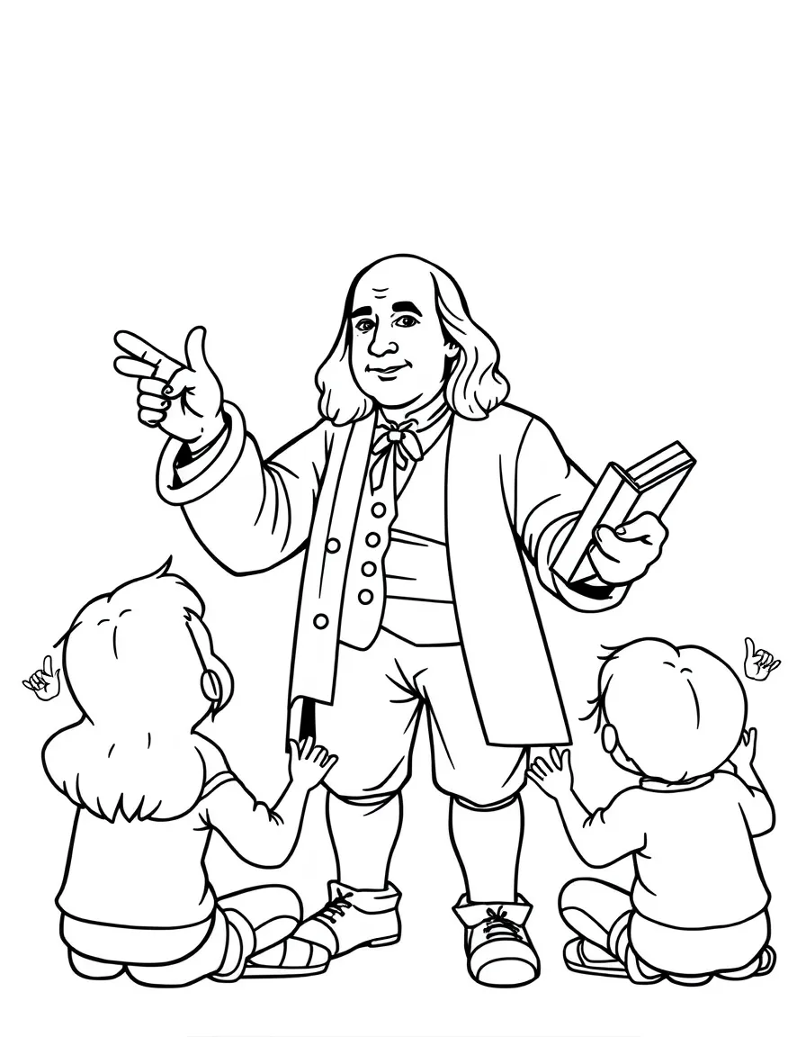 A fun coloring page of Benjamin Franklin giving a speech to children with books and peace signs around.