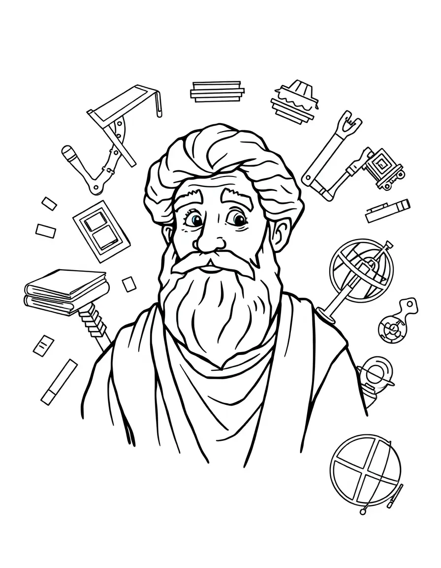 A cartoon-style drawing of Aristotle surrounded by symbols of their achievements, like books, tools, or globes.