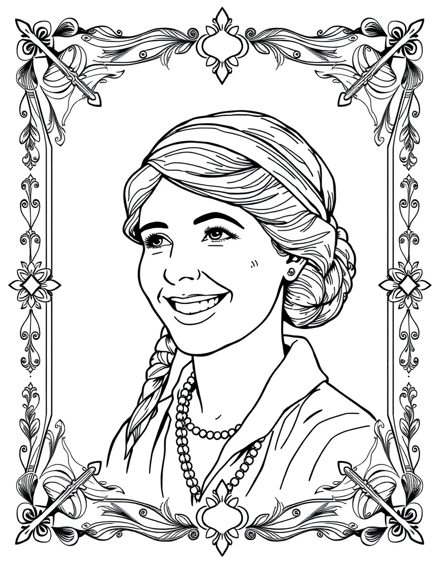 A portrait of Amelia Earhart with a big smile, framed with decorative borders and symbols of their time period.