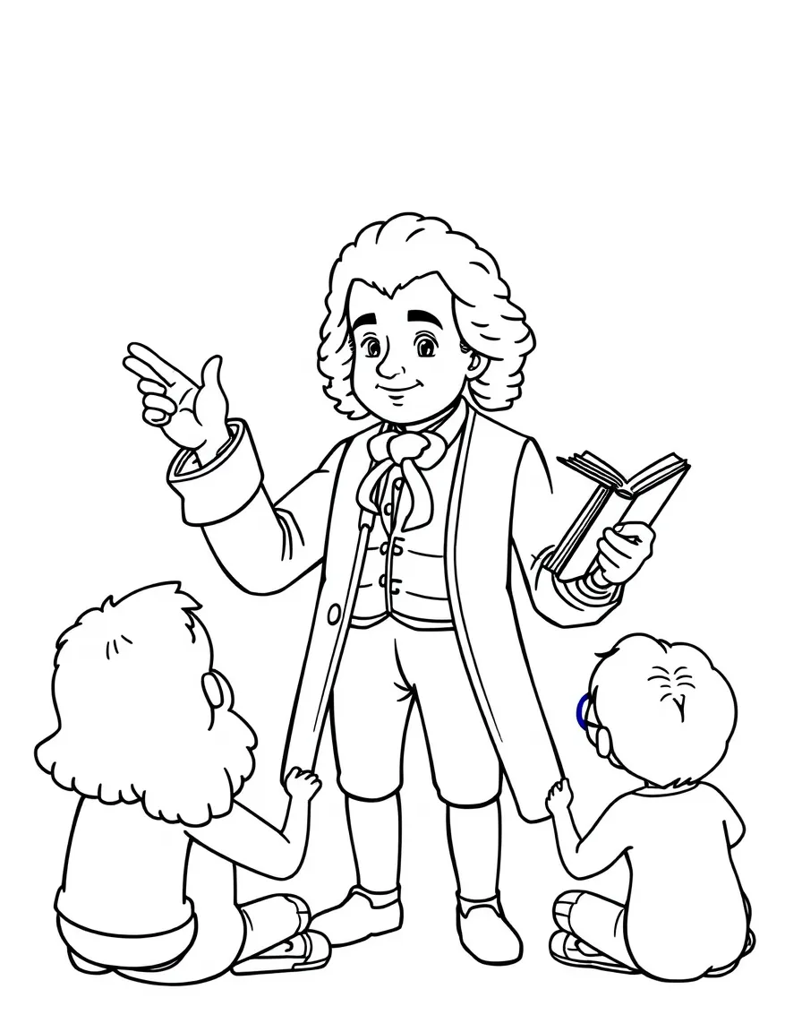 A fun coloring page of Mozart giving a speech to children with books and peace signs around.