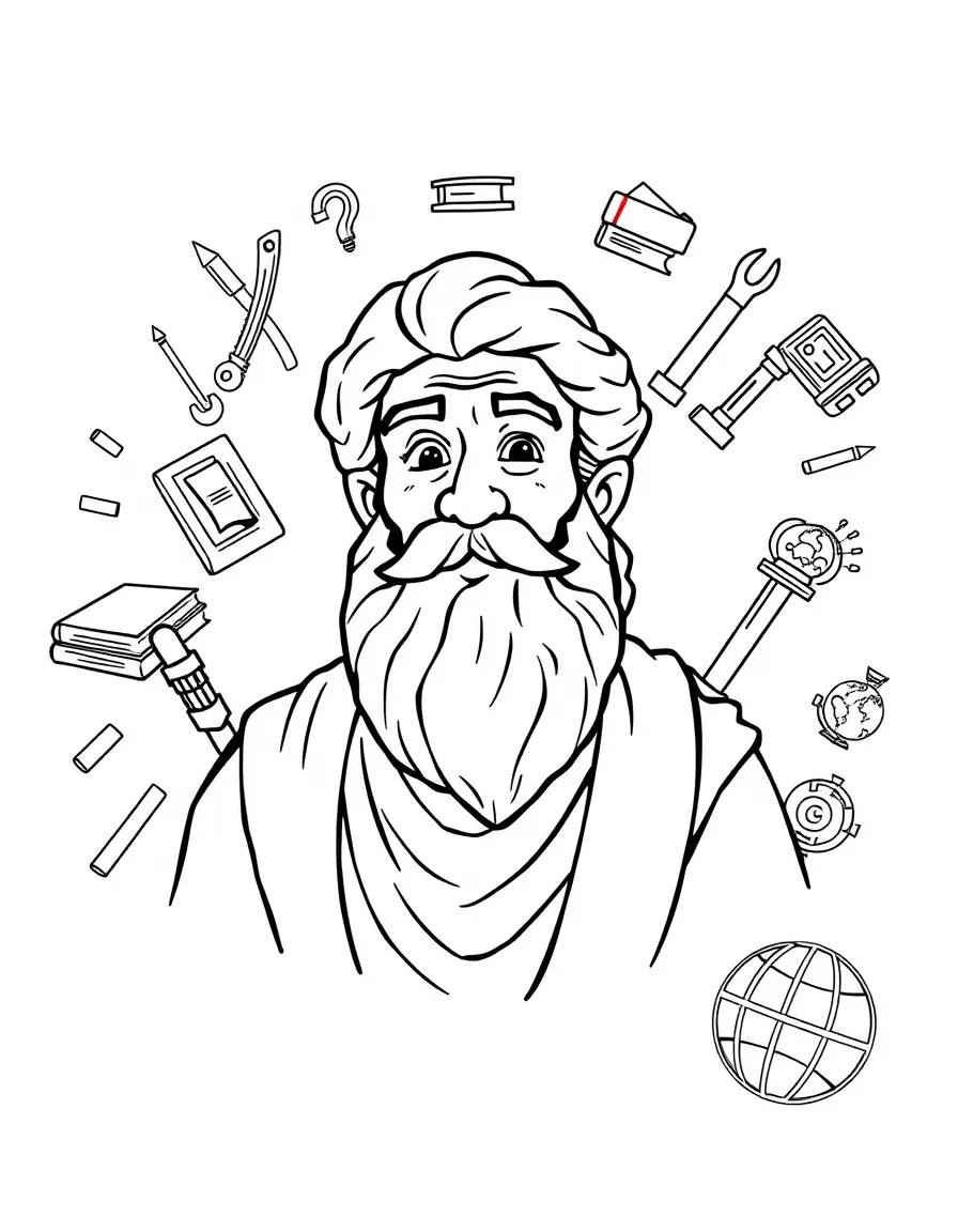 A cartoon-style drawing of Socrates surrounded by symbols of their achievements, like books, tools, or globes.