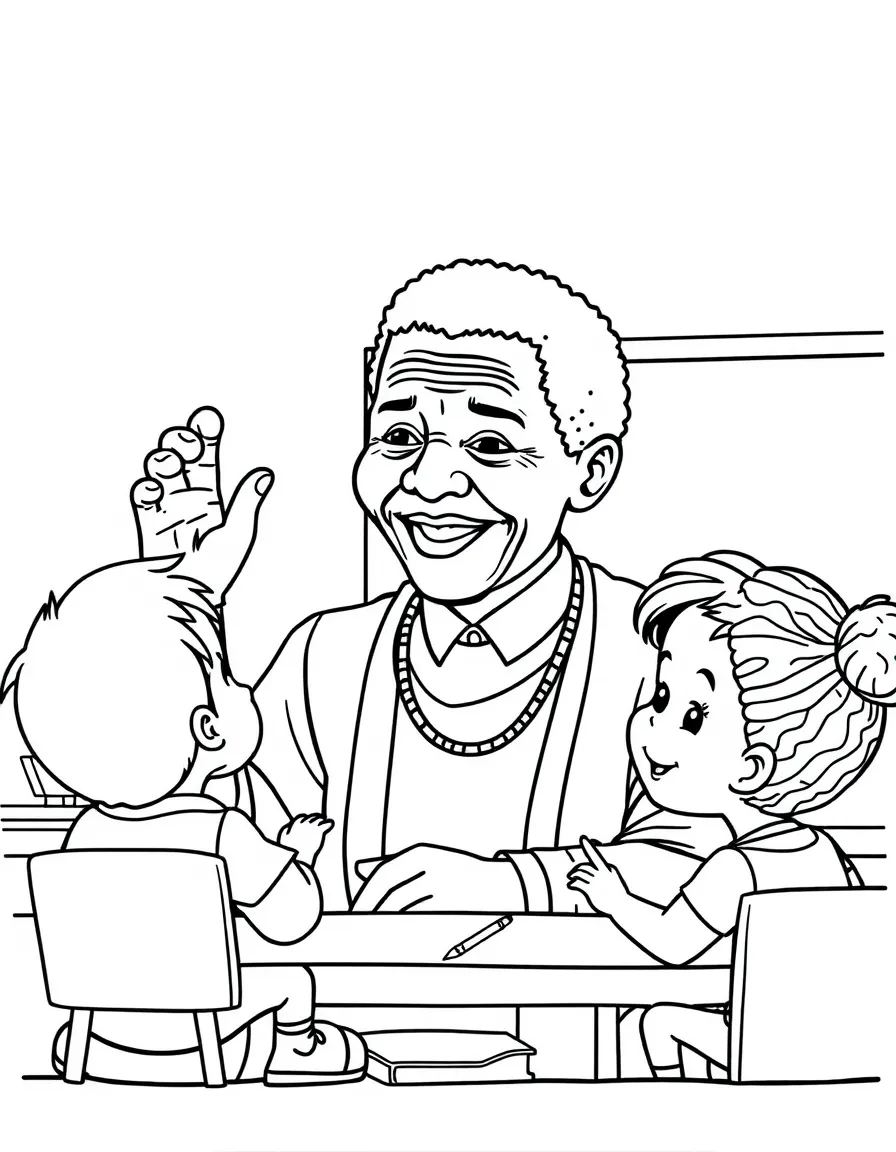 Nelson Mandela teaching children, with educational items like chalkboards and pencils, in a friendly classroom scene.