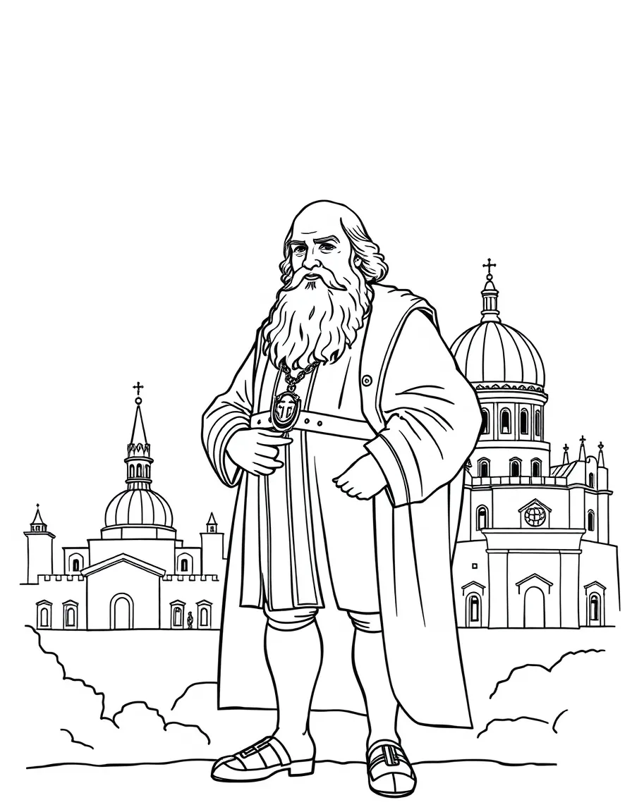 Galileo Galilei standing proudly with historical landmarks in the background, drawn with clear bold lines for coloring.