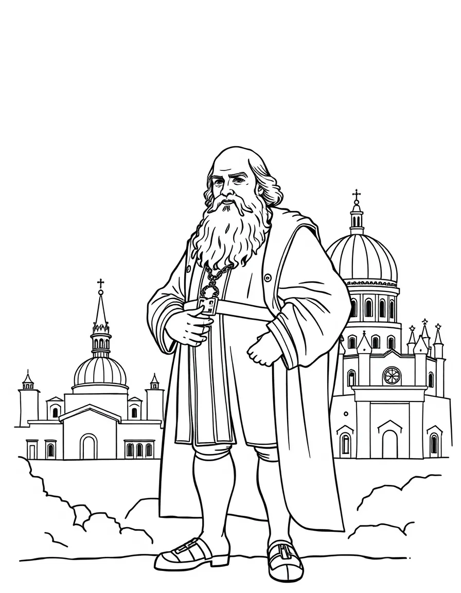 Galileo Galilei standing proudly with historical landmarks in the background, drawn with clear bold lines for coloring.