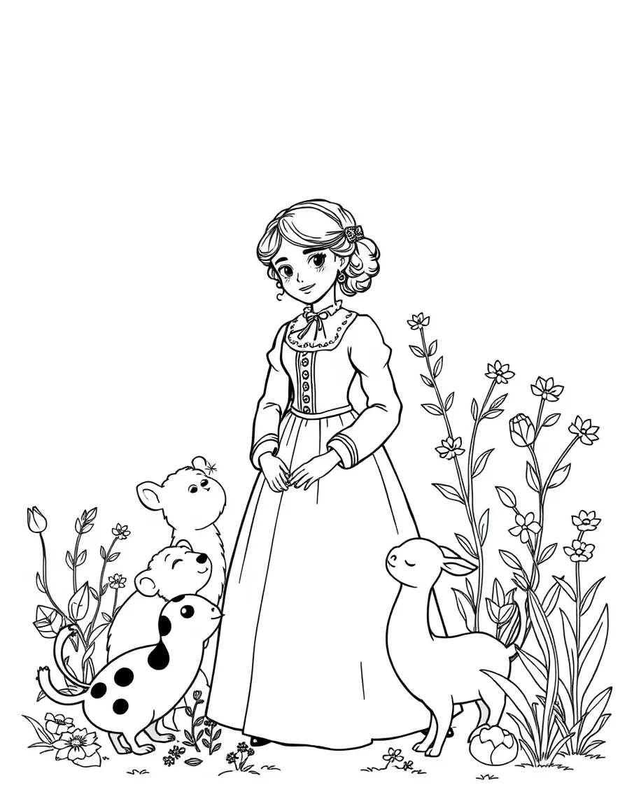A playful scene showing Jane Austen in a historical outfit with animals, plants, or kids nearby.