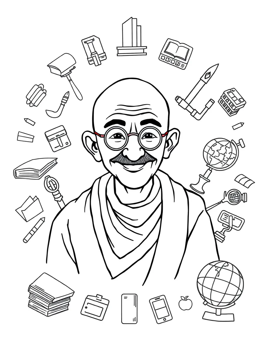 A cartoon-style drawing of Mahatma Gandhi surrounded by symbols of their achievements, like books, tools, or globes.