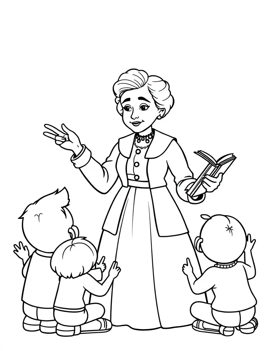 A fun coloring page of Marie Curie giving a speech to children with books and peace signs around.