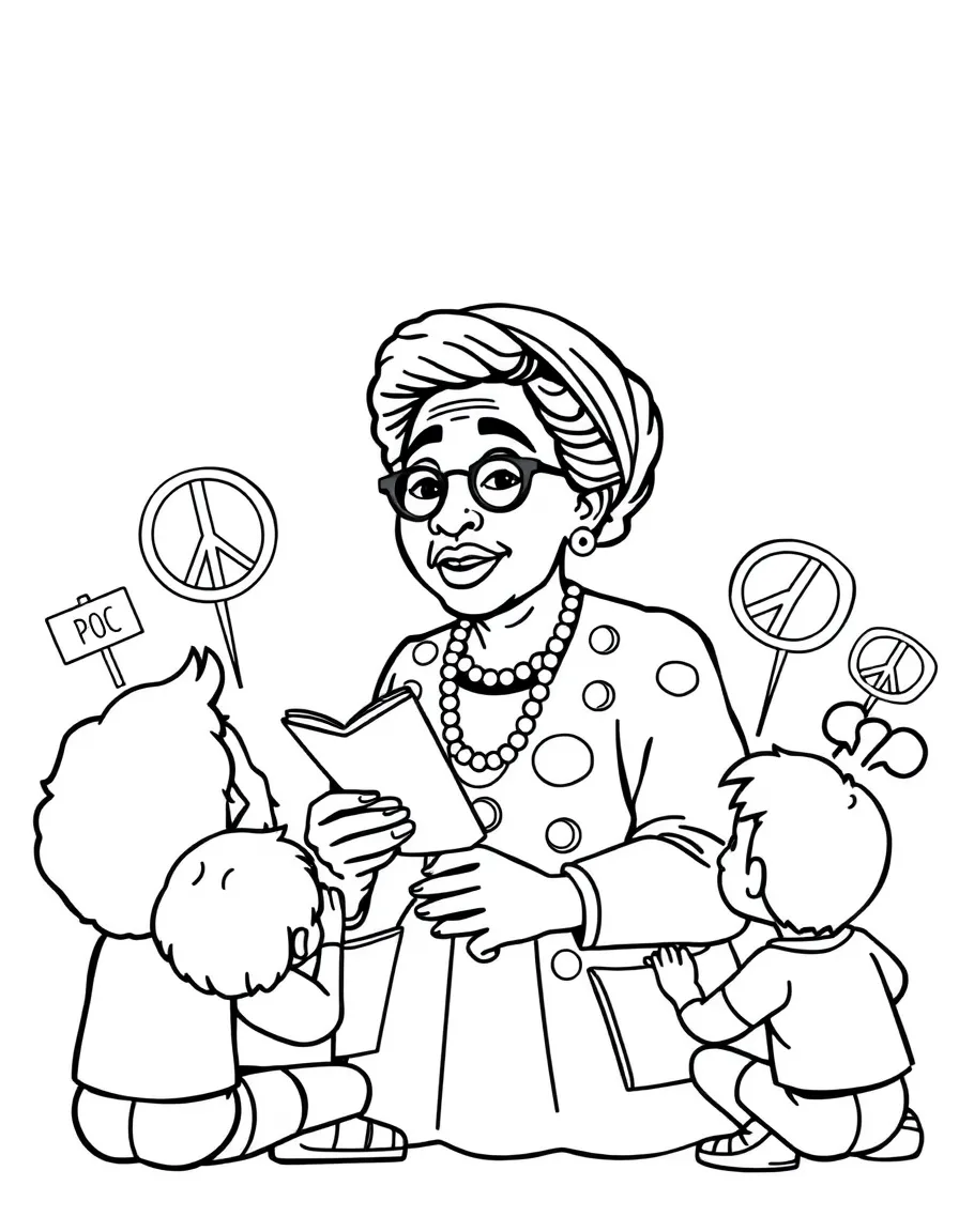 A fun coloring page of Rosa Parks giving a speech to children with books and peace signs around.